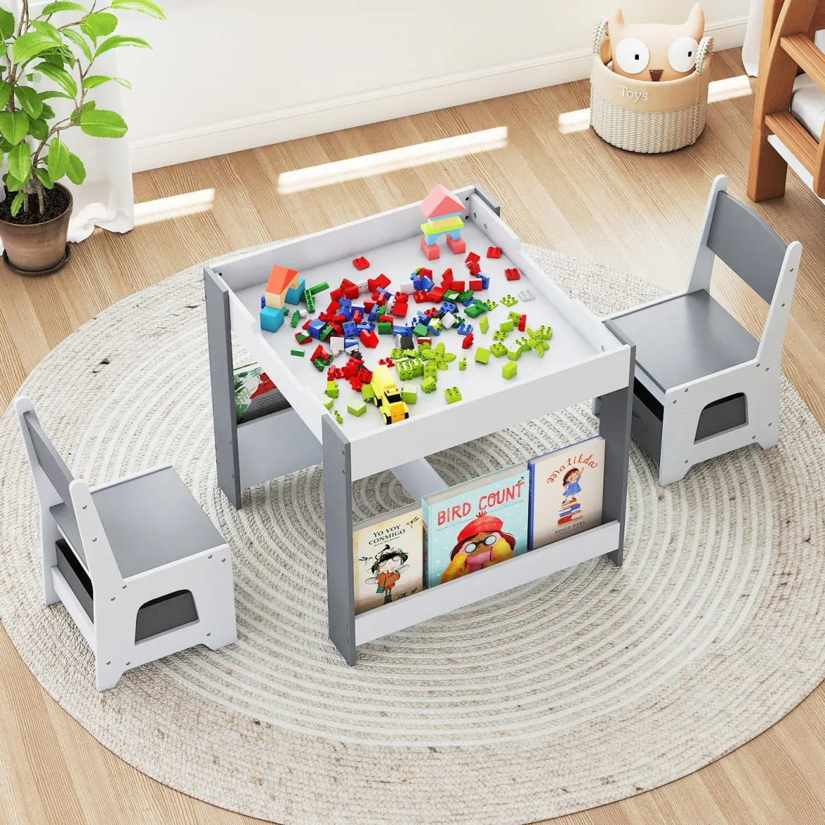 4 in 1 Kinder Tisch- & Stuhlset mit Wendem Tischplatte & Bücherregale Kindertisch-Set