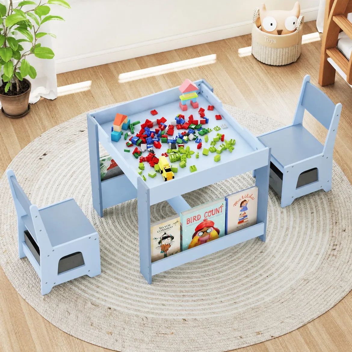 4 in 1 Kinder Tisch- & Stuhlset mit Wendem Tischplatte & Bücherregale Kindertisch-Set
