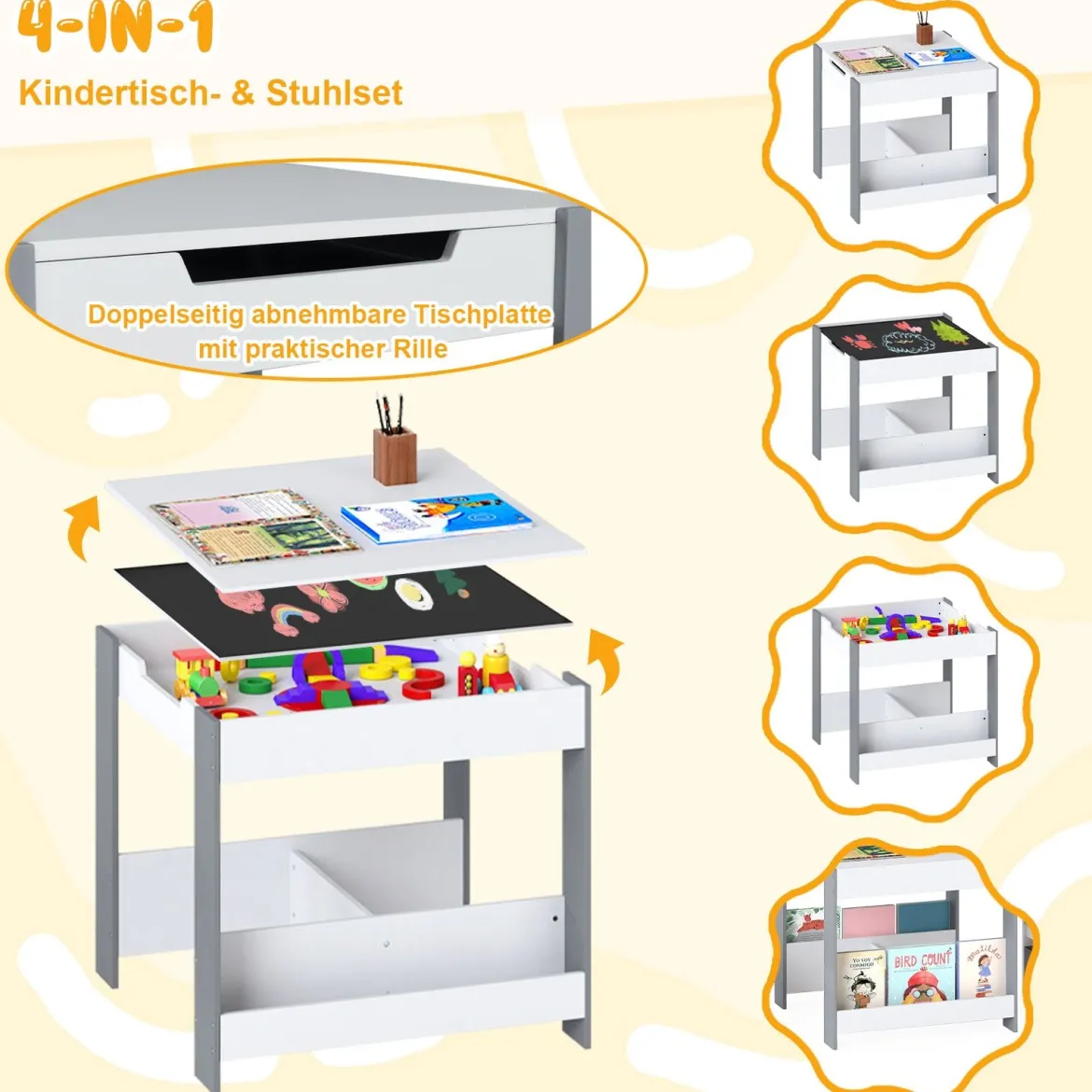 4 in 1 Kinder Tisch- & Stuhlset mit Wendem Tischplatte & Bücherregale Kindertisch-Set
