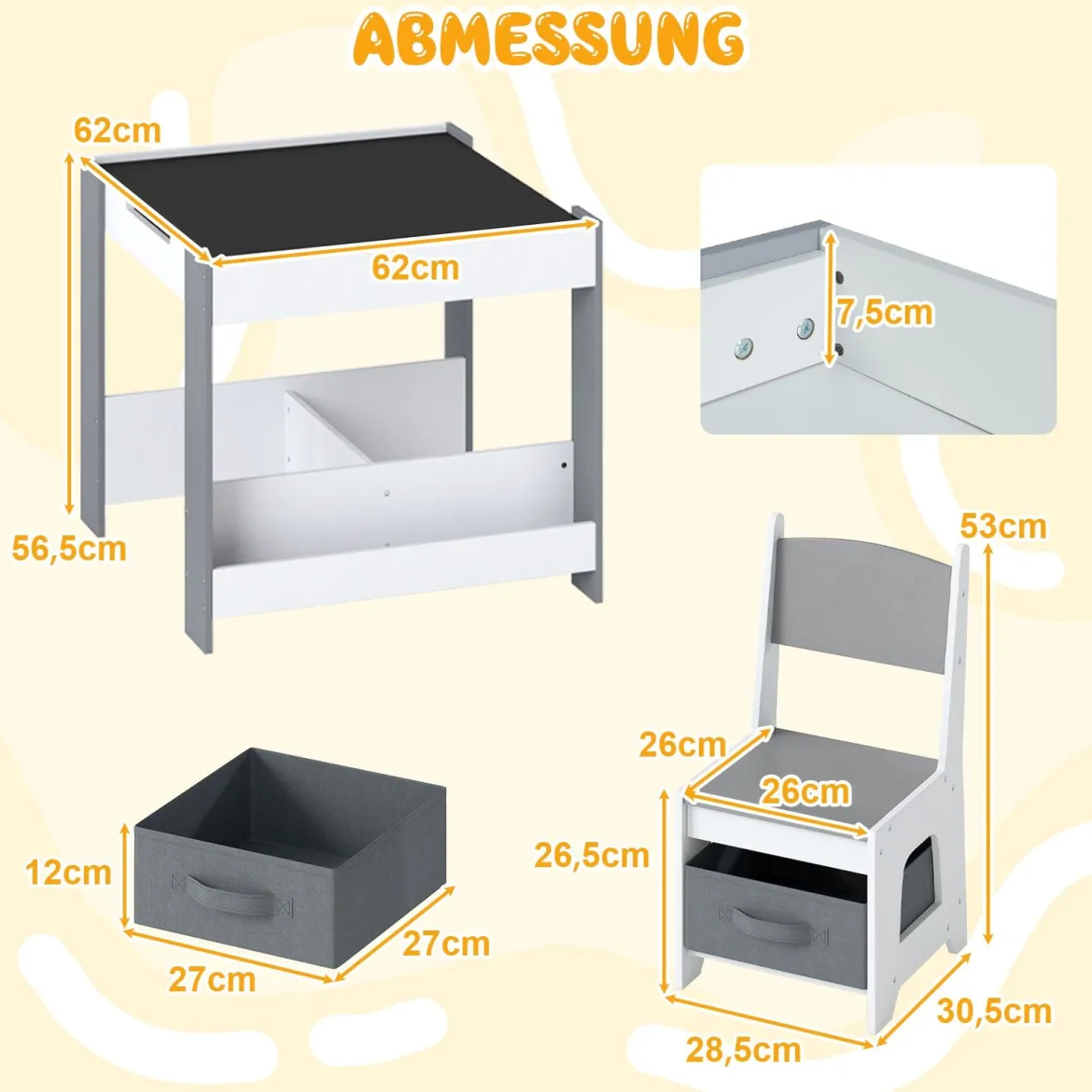 4 in 1 Kinder Tisch- & Stuhlset mit Wendem Tischplatte & Bücherregale Kindertisch-Set