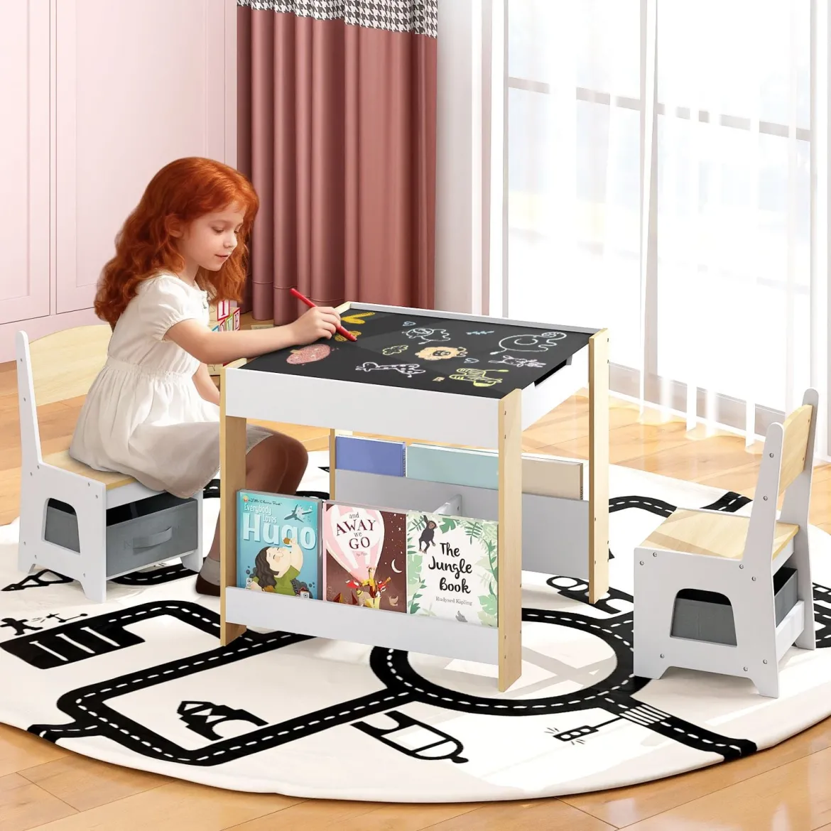 4 in 1 Kinder Tisch- & Stuhlset mit Wendem Tischplatte & Bücherregale Kindertisch-Set