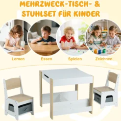 4 in 1 Kinder Tisch- & Stuhlset mit Wendem Tischplatte & Bücherregale Kindertisch-Set