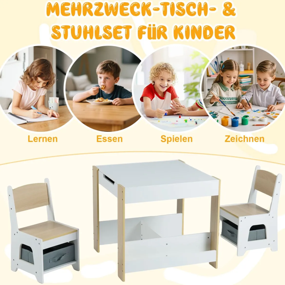 4 in 1 Kinder Tisch- & Stuhlset mit Wendem Tischplatte & Bücherregale Kindertisch-Set