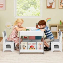 4 in 1 Kinder Tisch- & Stuhlset mit Wendem Tischplatte & Bücherregale Kindertisch-Set