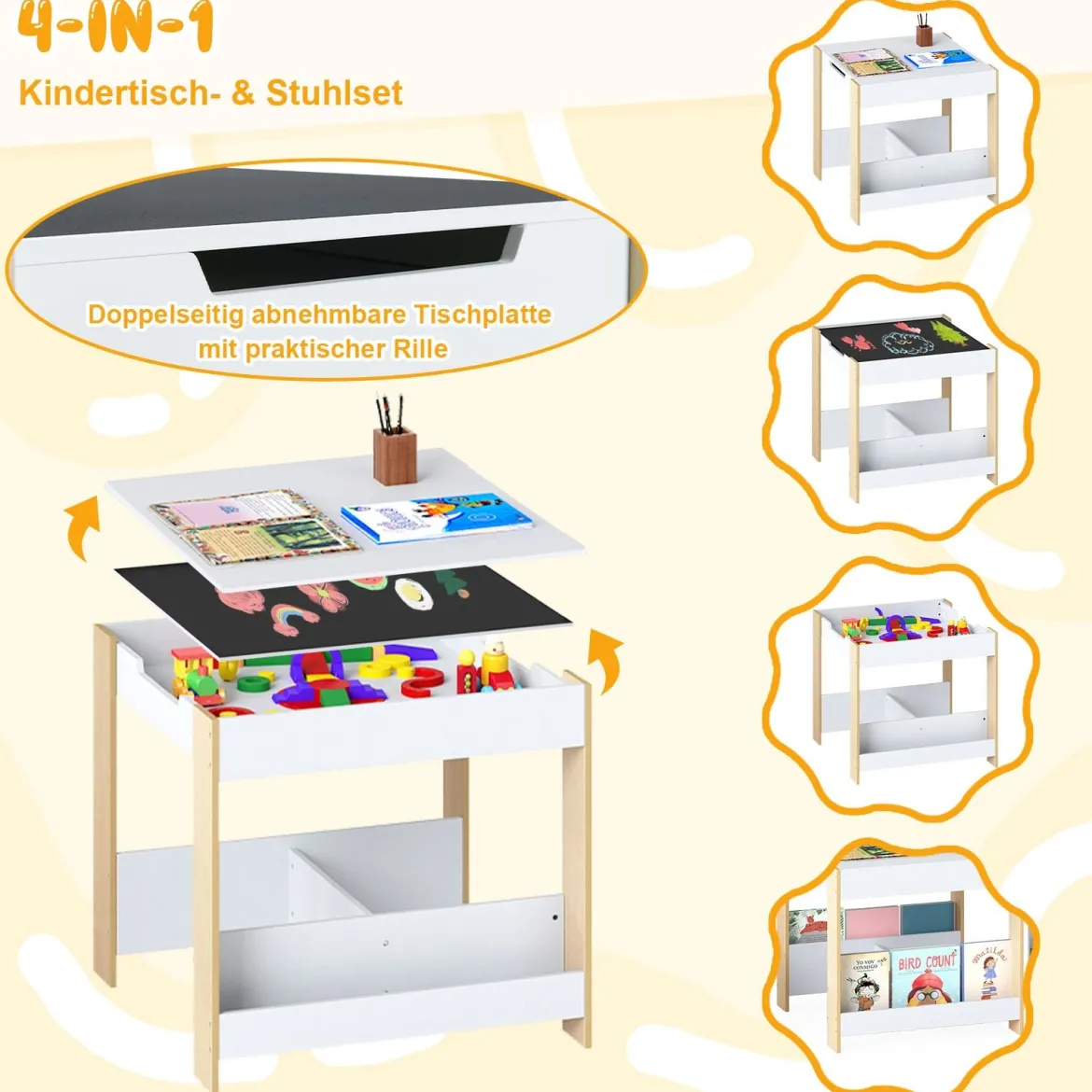 4 in 1 Kinder Tisch- & Stuhlset mit Wendem Tischplatte & Bücherregale Kindertisch-Set