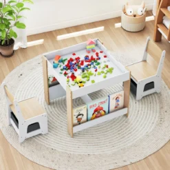 4 in 1 Kinder Tisch- & Stuhlset mit Wendem Tischplatte & Bücherregale Kindertisch-Set