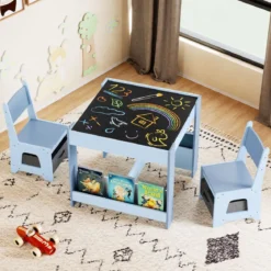 4 in 1 Kinder Tisch- & Stuhlset mit Wendem Tischplatte & Bücherregale Kindertisch-Set