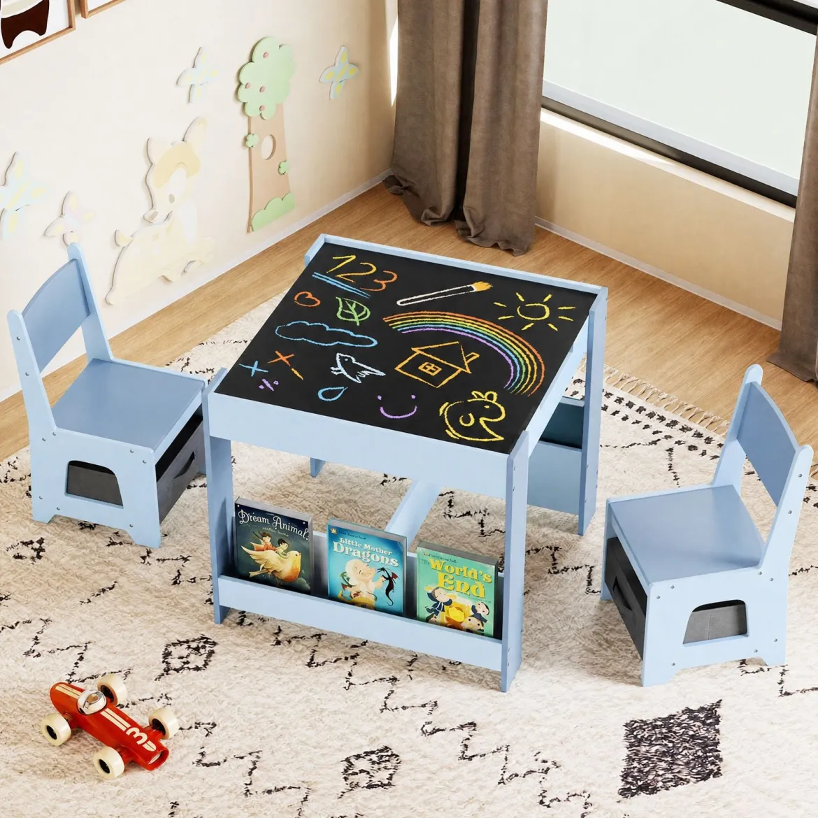 4 in 1 Kinder Tisch- & Stuhlset mit Wendem Tischplatte & Bücherregale Kindertisch-Set
