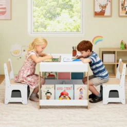 4 in 1 Kinder Tisch- & Stuhlset mit Wendem Tischplatte & Bücherregale Kindertisch-Set