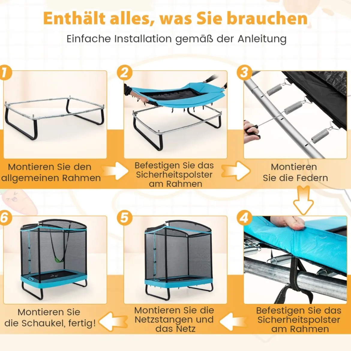 2 in 1 Kindertrampolin mit Schaukel & Sicherheitsnetz & Randabdeckung