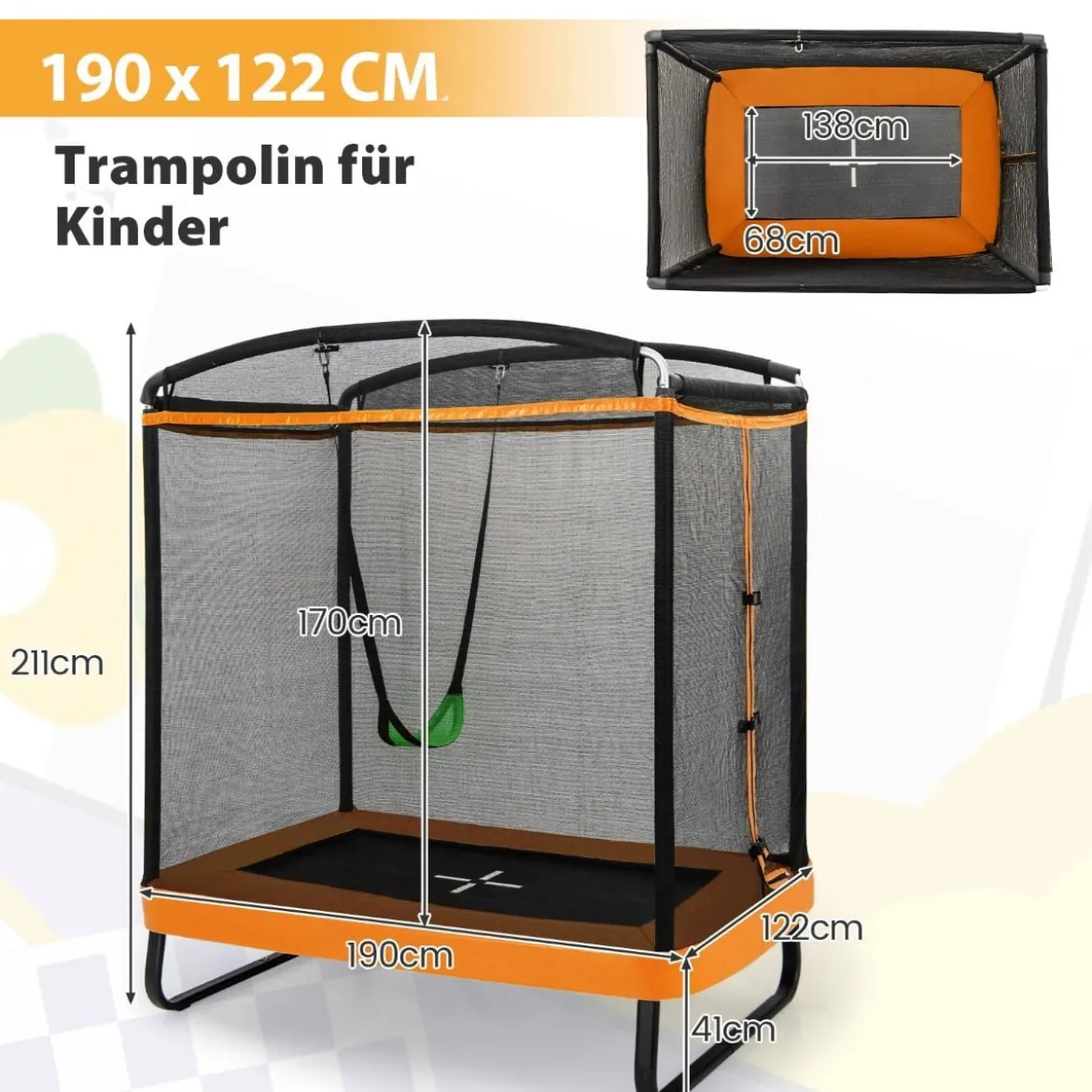 2 in 1 Kindertrampolin mit Schaukel & Sicherheitsnetz & Randabdeckung