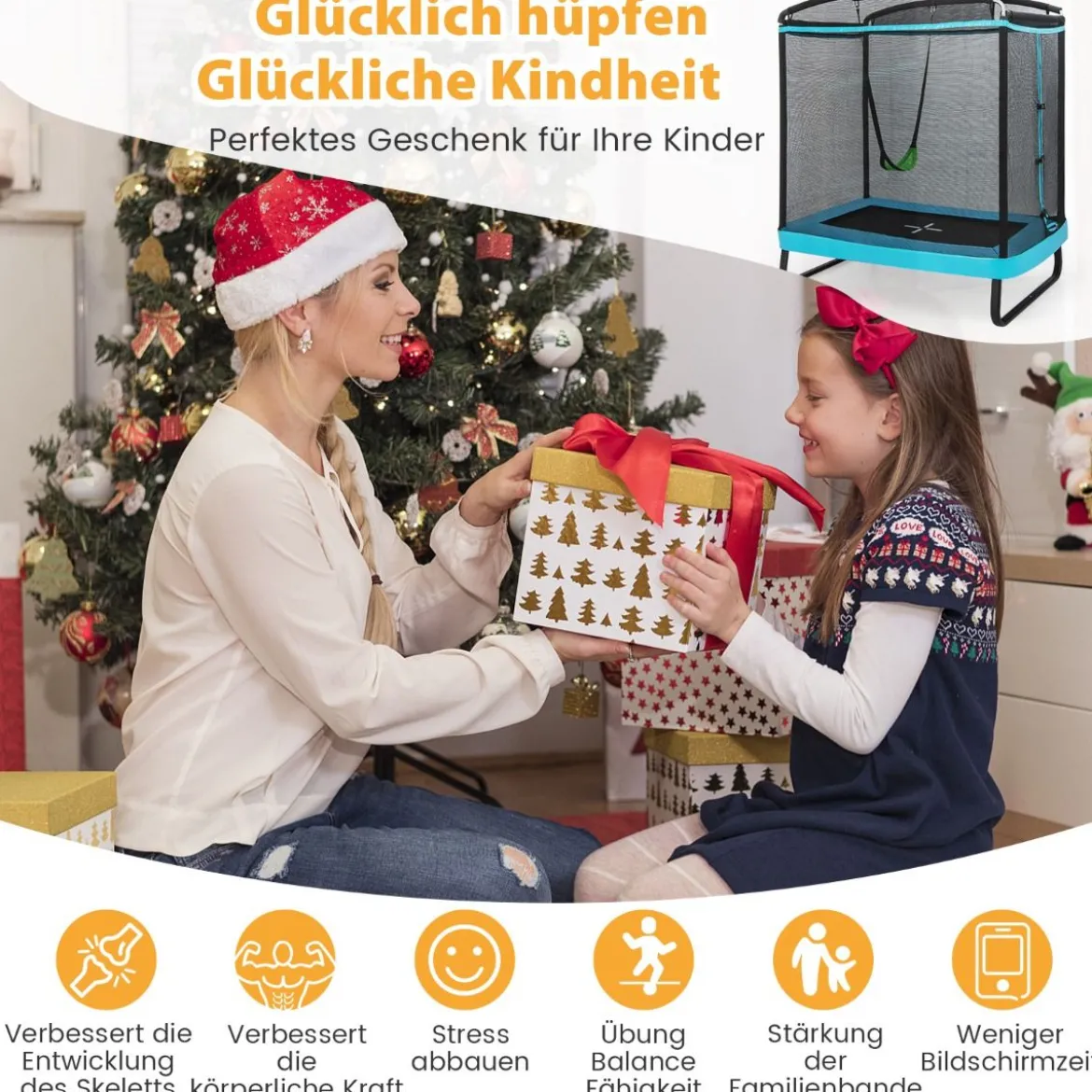 2 in 1 Kindertrampolin mit Schaukel & Sicherheitsnetz & Randabdeckung