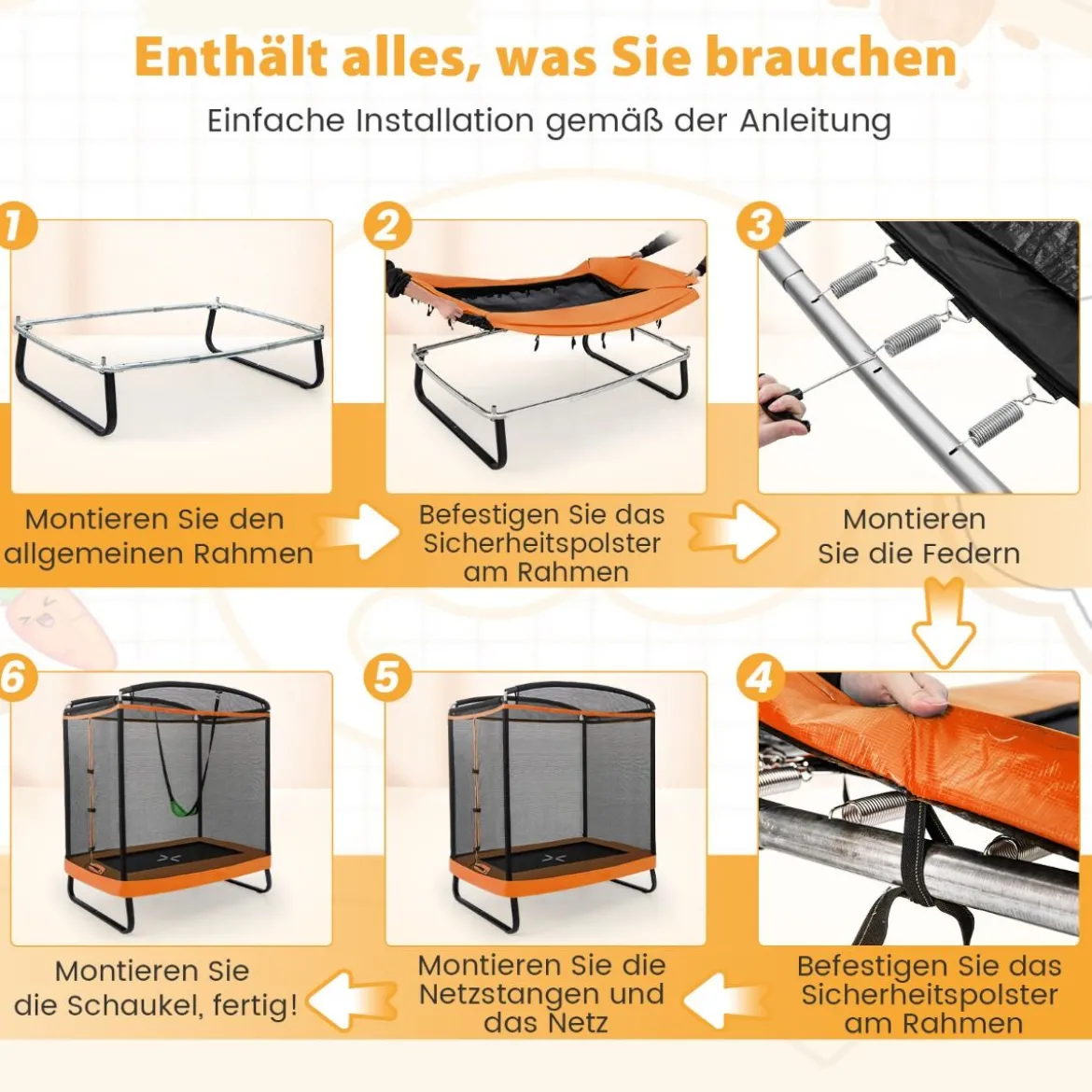 2 in 1 Kindertrampolin mit Schaukel & Sicherheitsnetz & Randabdeckung