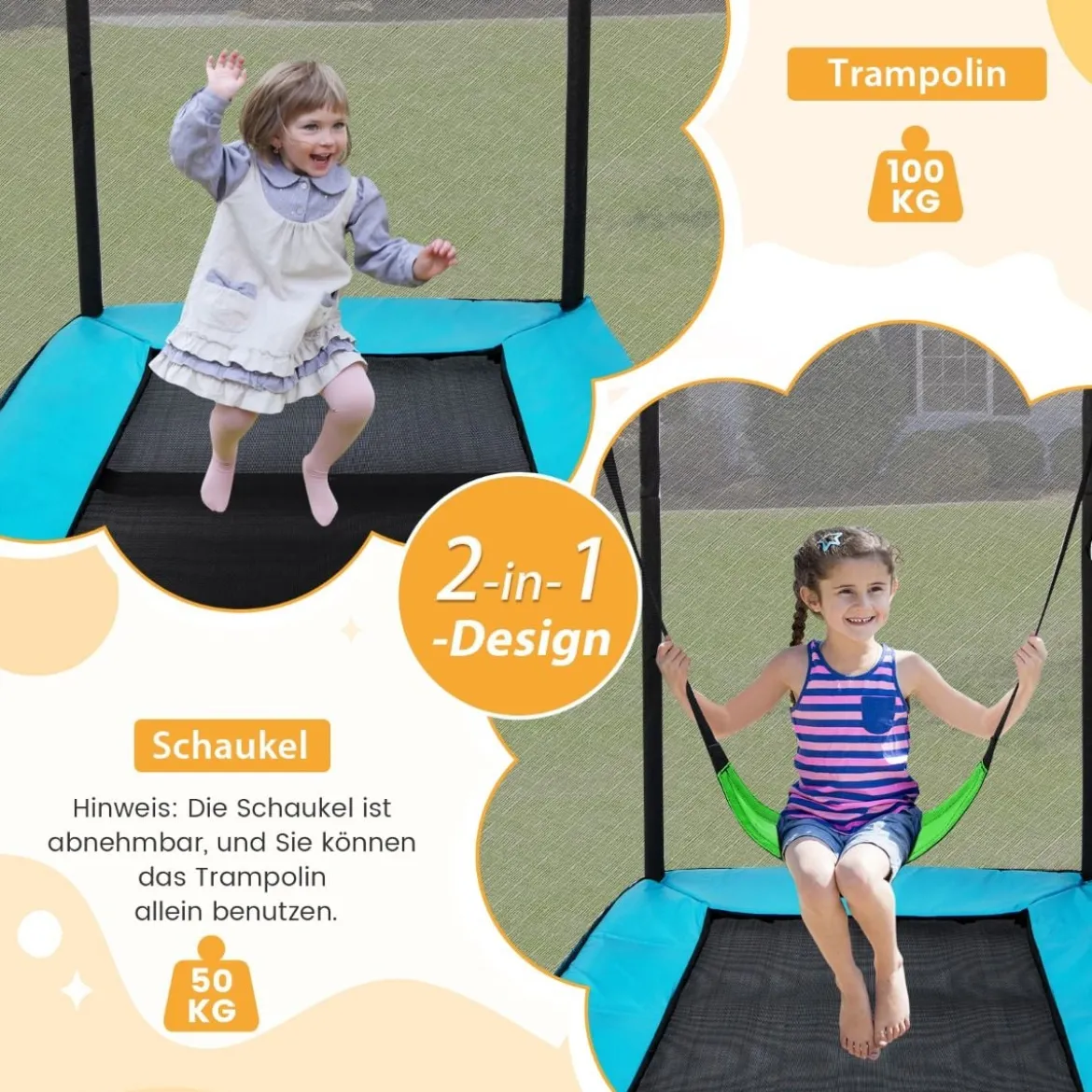 2 in 1 Kindertrampolin mit Schaukel & Sicherheitsnetz & Randabdeckung