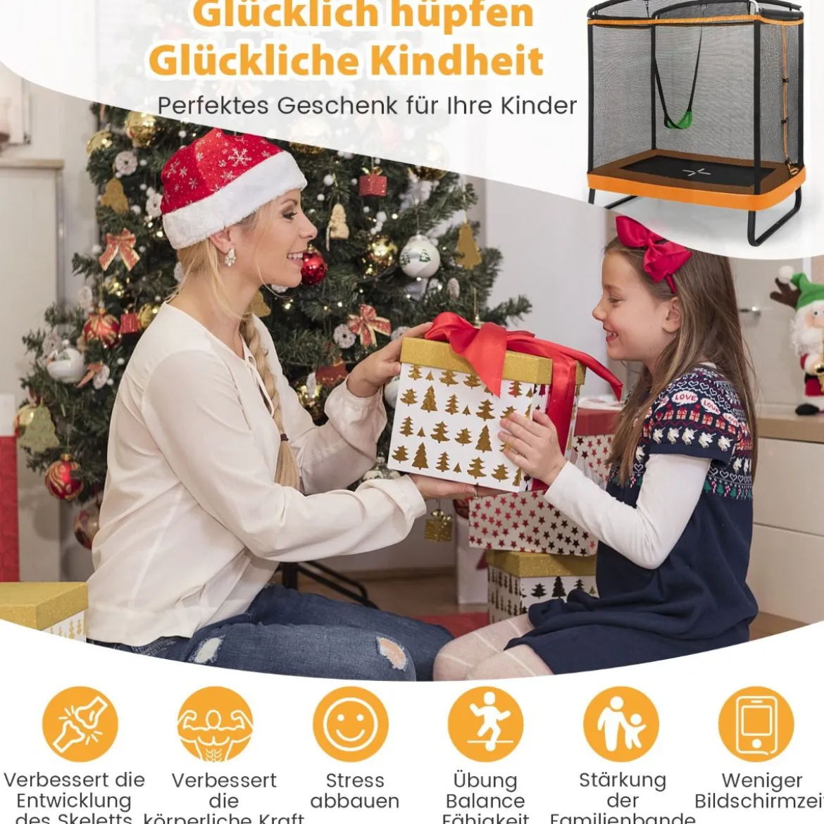2 in 1 Kindertrampolin mit Schaukel & Sicherheitsnetz & Randabdeckung