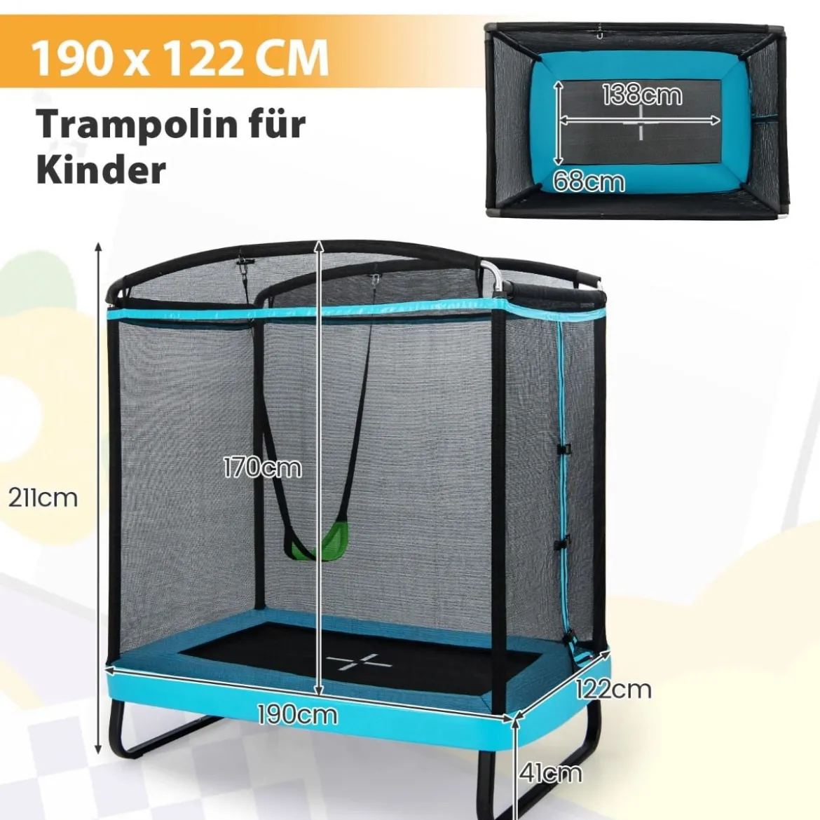 2 in 1 Kindertrampolin mit Schaukel & Sicherheitsnetz & Randabdeckung