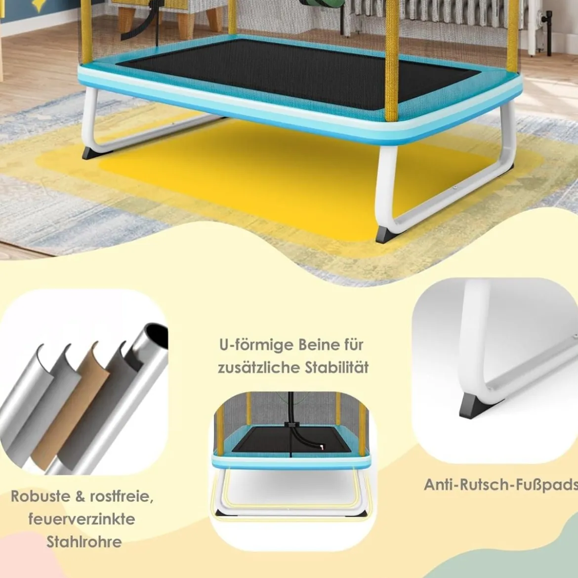 3-in-1 Kindertrampolin Trampolin mit Schaukel & horizontaler Stange Gartentrampolin Gelb