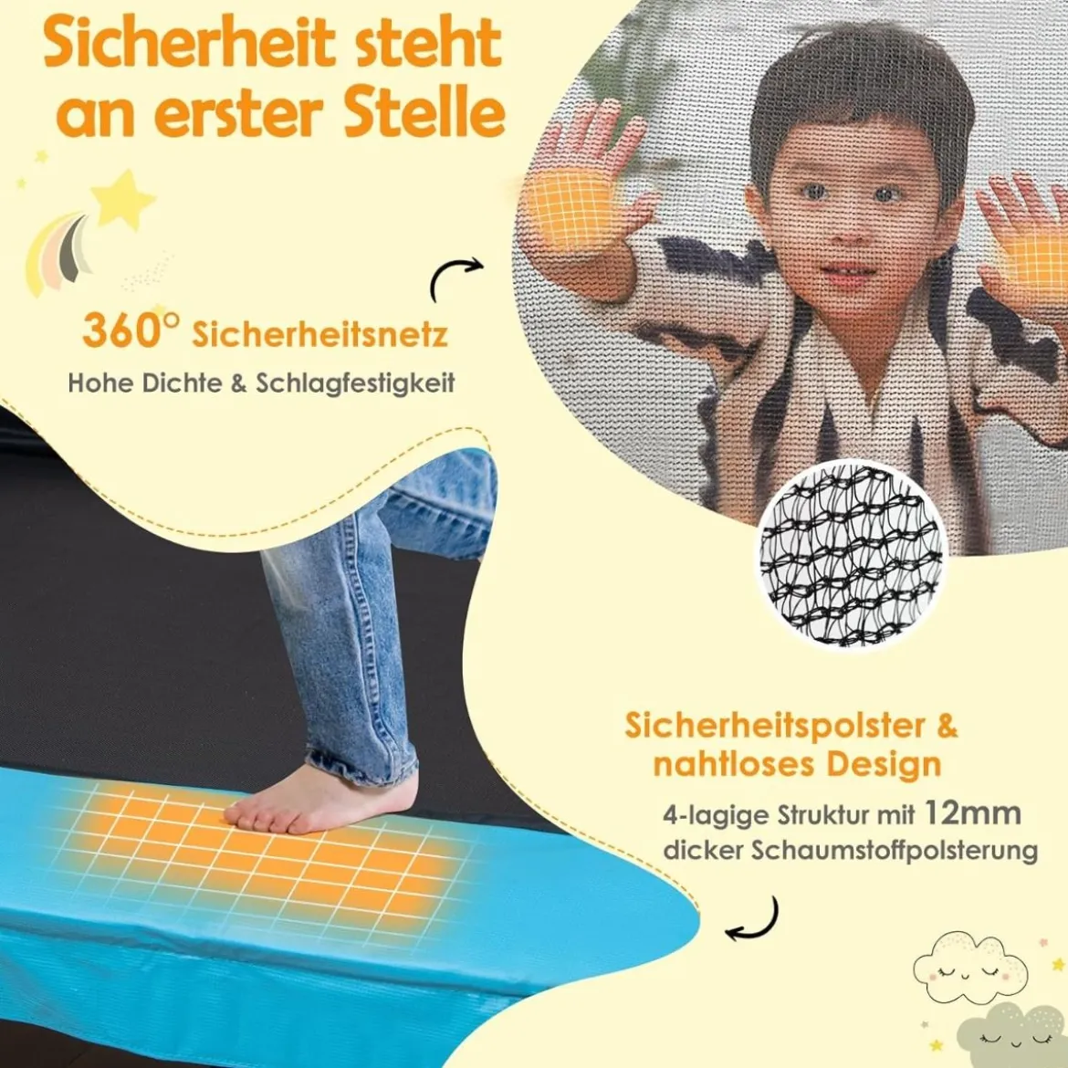 3-in-1 Kindertrampolin Trampolin mit Schaukel & horizontaler Stange Gartentrampolin Gelb