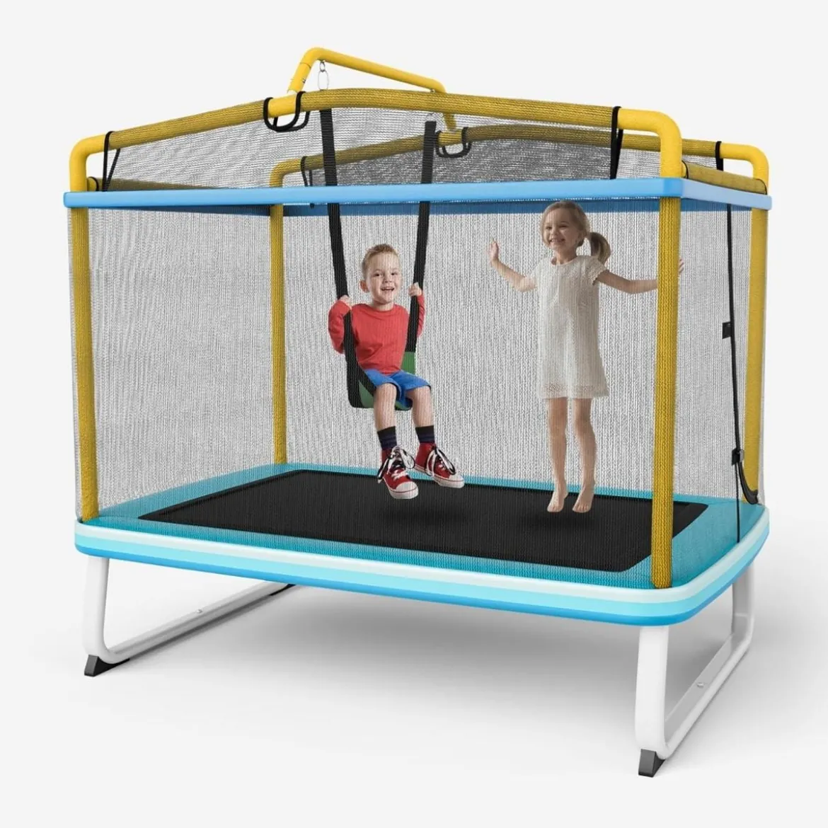 3-in-1 Kindertrampolin Trampolin mit Schaukel & horizontaler Stange Gartentrampolin Gelb
