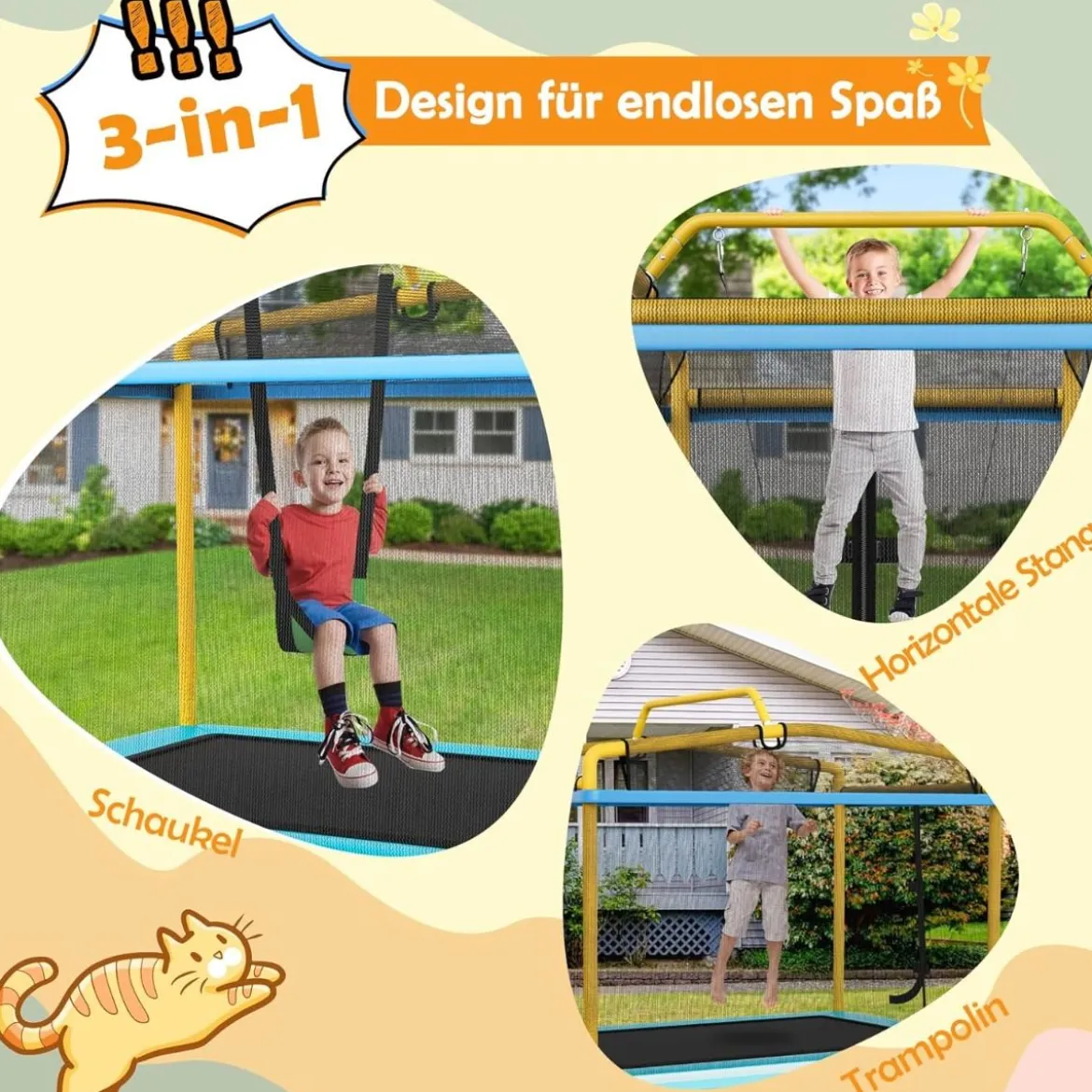 3-in-1 Kindertrampolin Trampolin mit Schaukel & horizontaler Stange Gartentrampolin Gelb