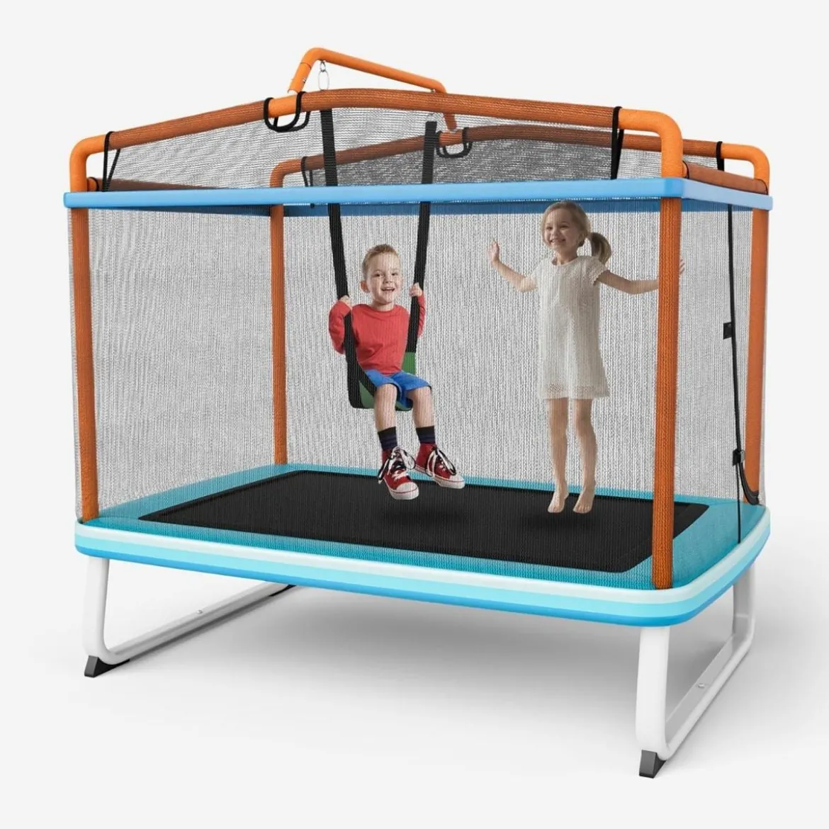3-in-1 Kindertrampolin Trampolin mit Schaukel & horizontaler Stange Gartentrampolin Orange