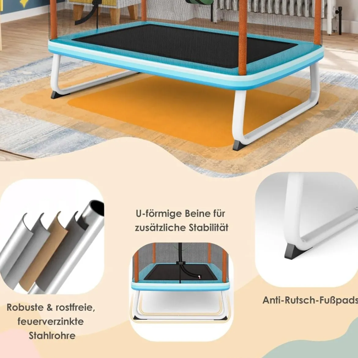 3-in-1 Kindertrampolin Trampolin mit Schaukel & horizontaler Stange Gartentrampolin Orange