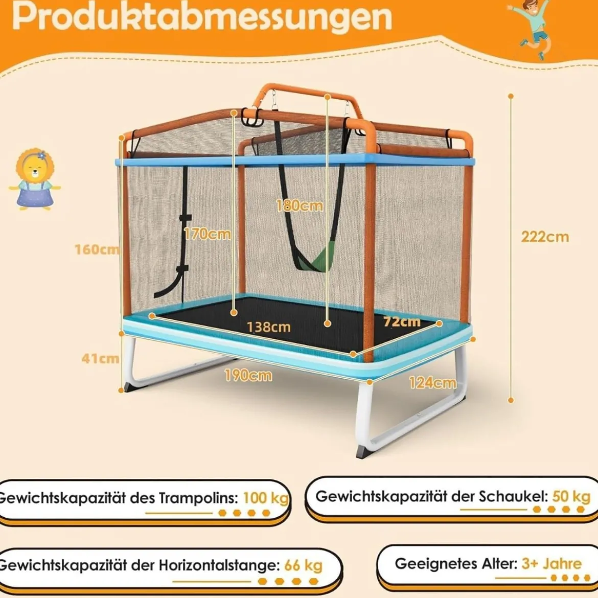 3-in-1 Kindertrampolin Trampolin mit Schaukel & horizontaler Stange Gartentrampolin Orange