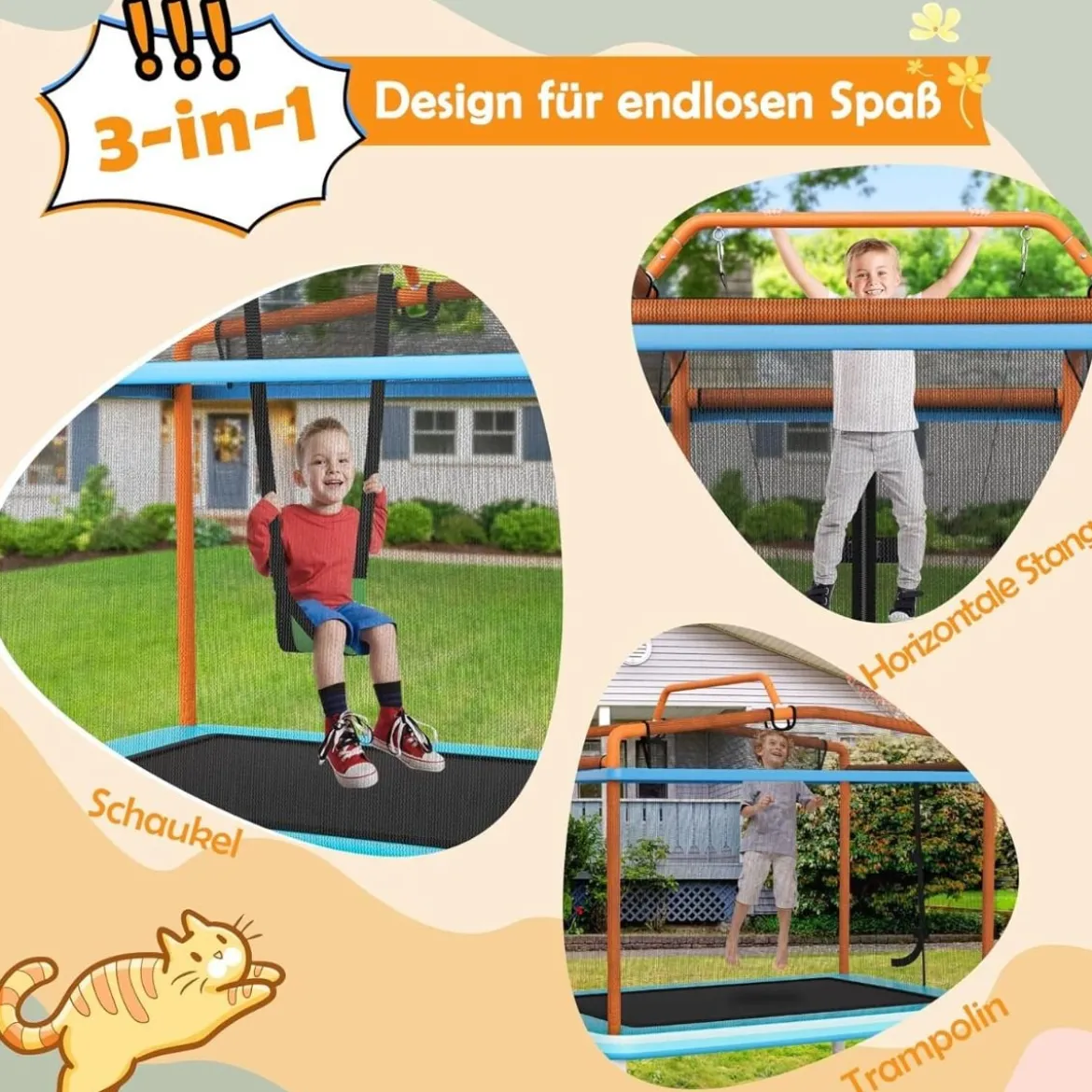 3-in-1 Kindertrampolin Trampolin mit Schaukel & horizontaler Stange Gartentrampolin Orange
