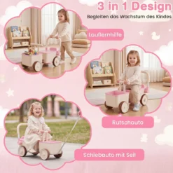 3 in 1 Kinderwagen mit Rollen Schiebe-Zieh-Lauflernwagen mit Stauraum & Klappbarem Griff