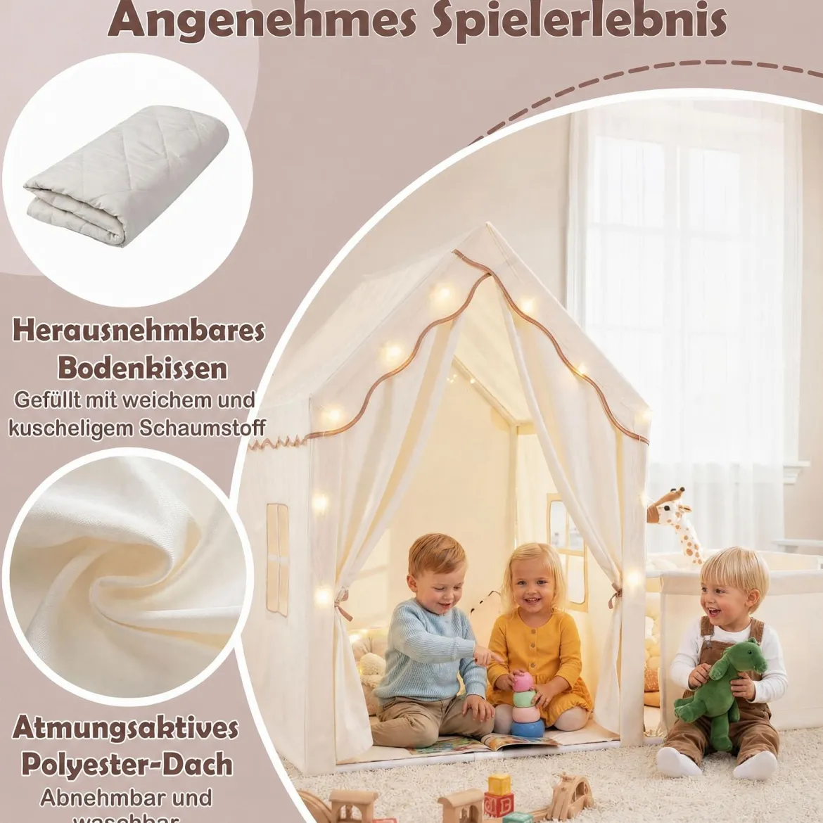 2 in 1 Kinderzelt & Laufgitter mit Lichterkette & Abwaschbarer Matte Kinder Spielhaus Spielzelt Beige