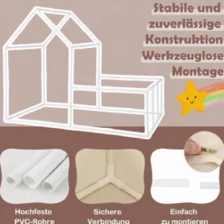 2 in 1 Kinderzelt & Laufgitter mit Lichterkette & Abwaschbarer Matte Kinder Spielhaus Spielzelt Beige