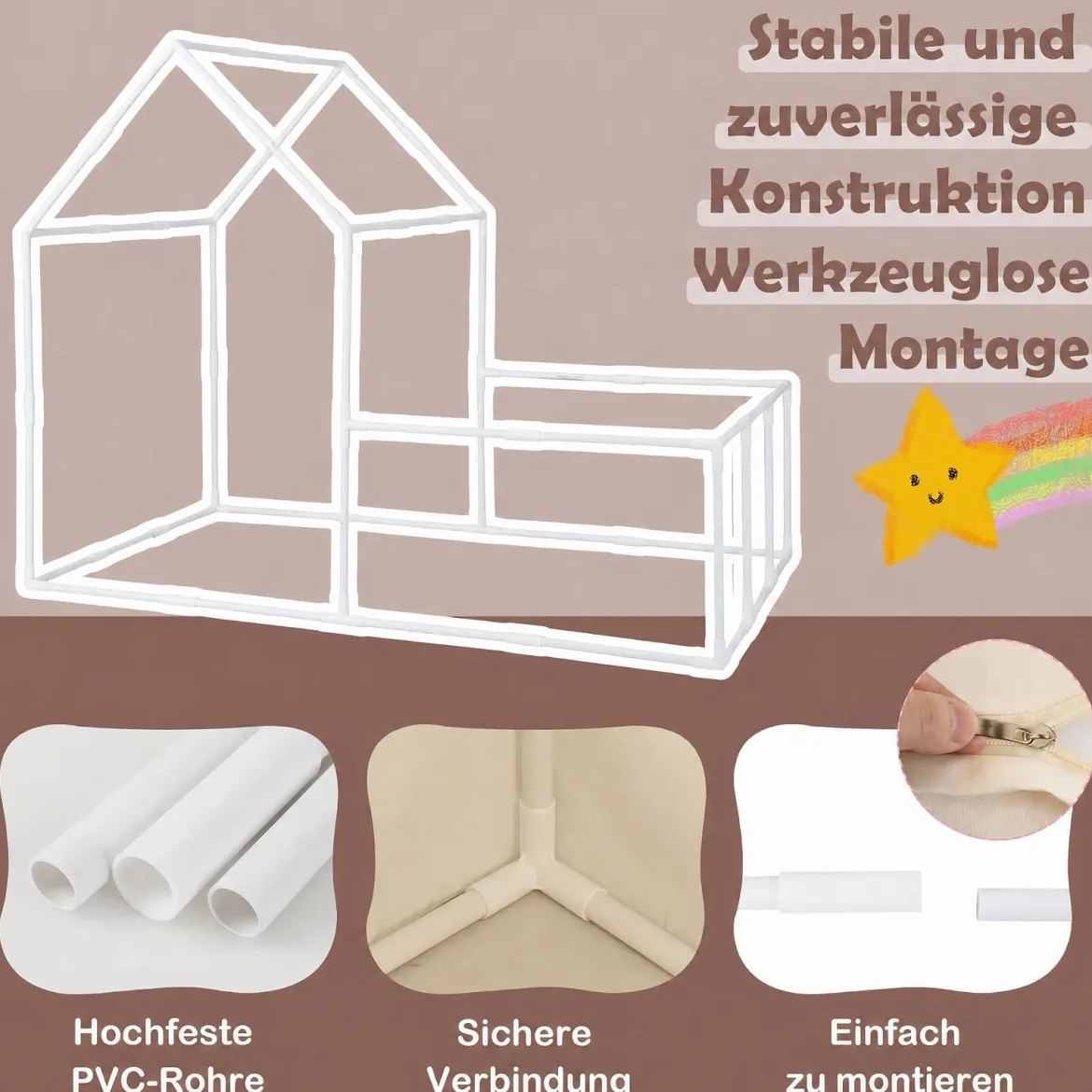 2 in 1 Kinderzelt & Laufgitter mit Lichterkette & Abwaschbarer Matte Kinder Spielhaus Spielzelt Beige