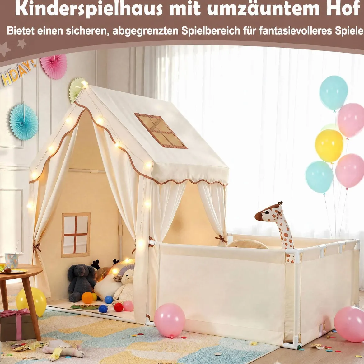 2 in 1 Kinderzelt & Laufgitter mit Lichterkette & Abwaschbarer Matte Kinder Spielhaus Spielzelt Beige