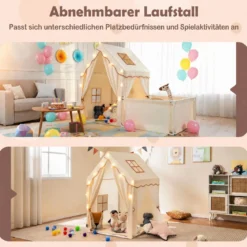2 in 1 Kinderzelt & Laufgitter mit Lichterkette & Abwaschbarer Matte Kinder Spielhaus Spielzelt Beige