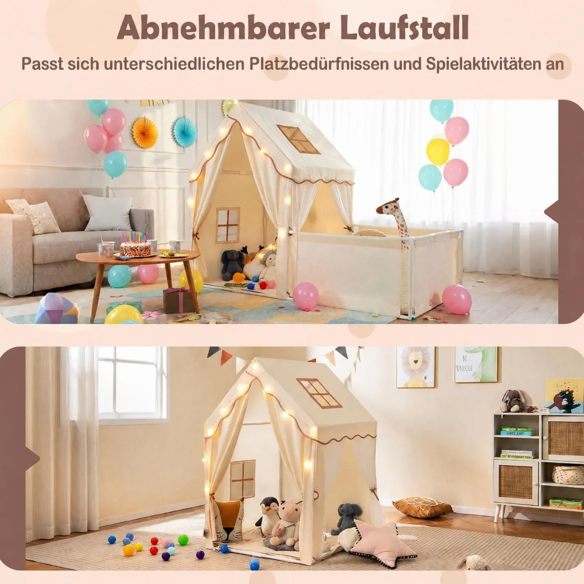2 in 1 Kinderzelt & Laufgitter mit Lichterkette & Abwaschbarer Matte Kinder Spielhaus Spielzelt Beige