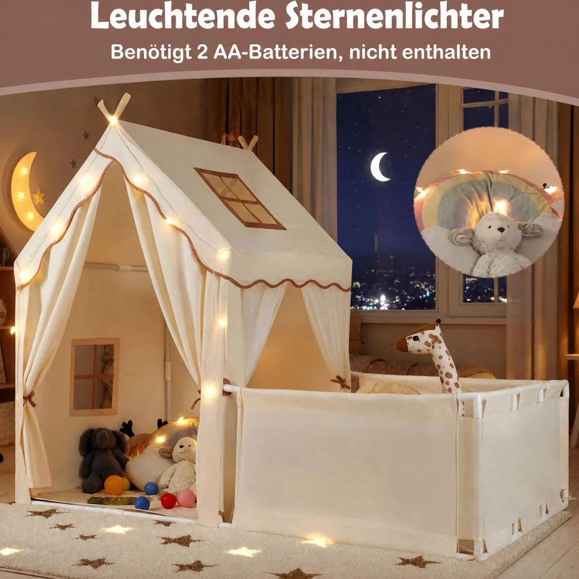 2 in 1 Kinderzelt & Laufgitter mit Lichterkette & Abwaschbarer Matte Kinder Spielhaus Spielzelt Beige