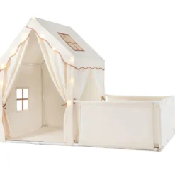 2 in 1 Kinderzelt & Laufgitter mit Lichterkette & Abwaschbarer Matte Kinder Spielhaus Spielzelt Beige