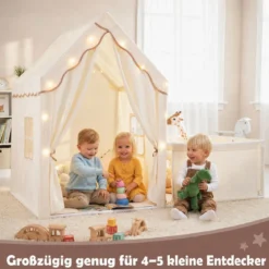 2 in 1 Kinderzelt & Laufgitter mit Lichterkette & Abwaschbarer Matte Kinder Spielhaus Spielzelt Beige