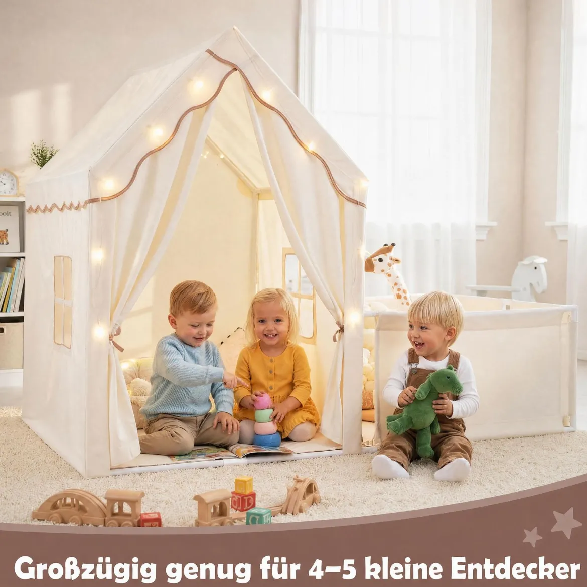 2 in 1 Kinderzelt & Laufgitter mit Lichterkette & Abwaschbarer Matte Kinder Spielhaus Spielzelt Beige