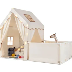 2 in 1 Kinderzelt & Laufgitter mit Lichterkette & Abwaschbarer Matte Kinder Spielhaus Spielzelt Beige