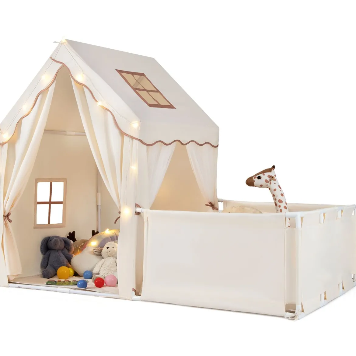 2 in 1 Kinderzelt & Laufgitter mit Lichterkette & Abwaschbarer Matte Kinder Spielhaus Spielzelt Beige