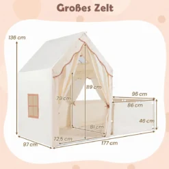 2 in 1 Kinderzelt & Laufgitter mit Lichterkette & Abwaschbarer Matte Kinder Spielhaus Spielzelt Beige