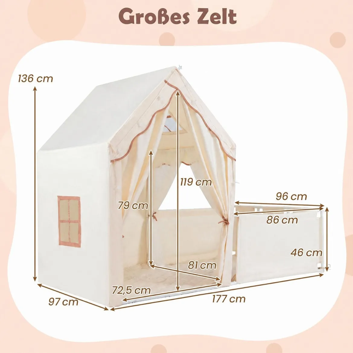 2 in 1 Kinderzelt & Laufgitter mit Lichterkette & Abwaschbarer Matte Kinder Spielhaus Spielzelt Beige