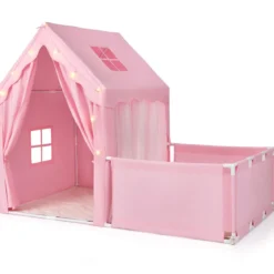 2 in 1 Kinderzelt & Laufgitter mit Lichterkette & Abwaschbarer Matte Kinder Spielhaus Spielzelt Rosa