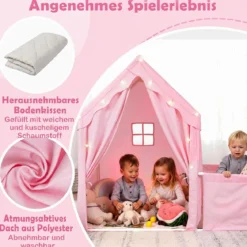2 in 1 Kinderzelt & Laufgitter mit Lichterkette & Abwaschbarer Matte Kinder Spielhaus Spielzelt Rosa