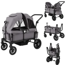 2 in 1 Klappbare Geschwisterwagen mit Verstellbarem Griff & Abnehmbarem Verdeck Grau