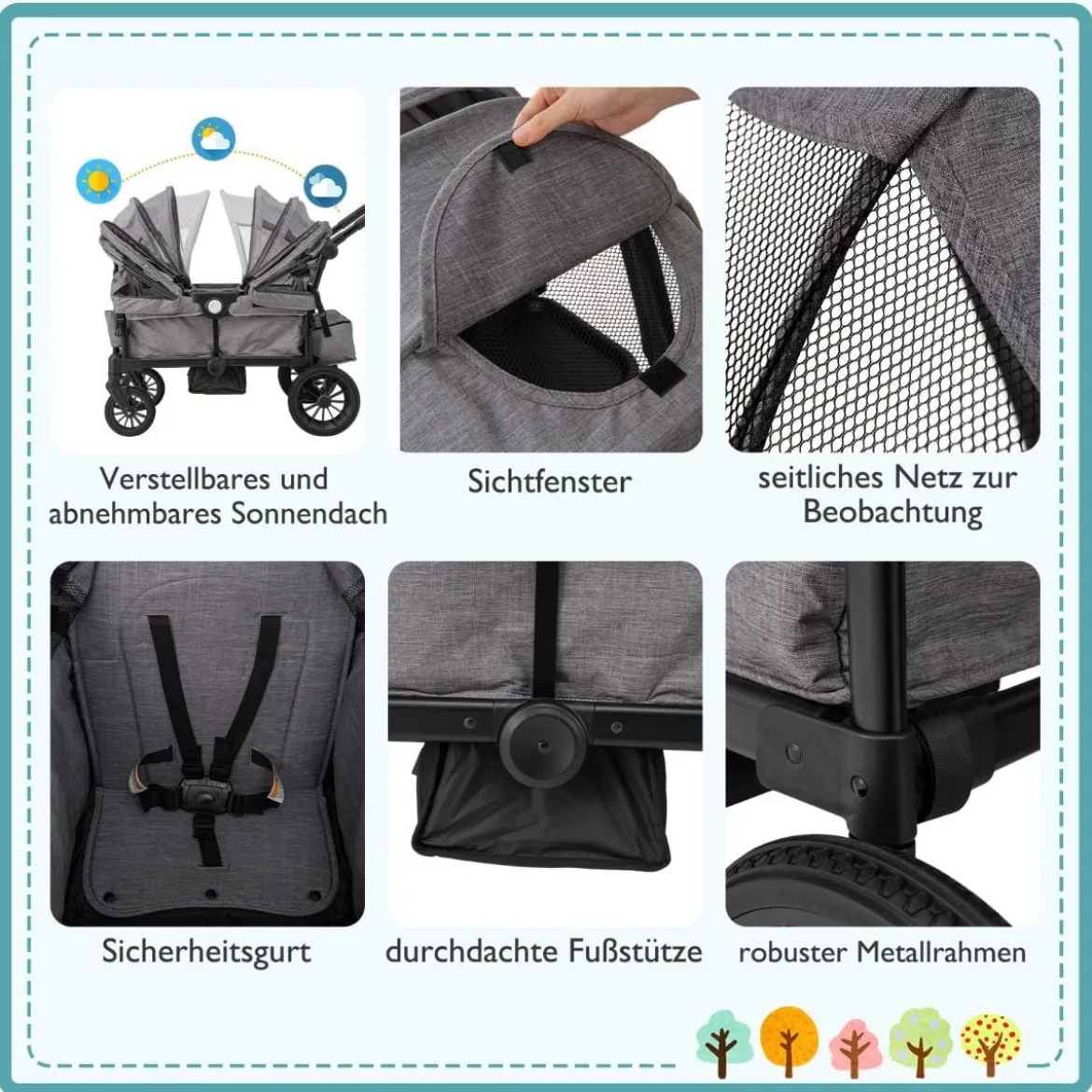 2 in 1 Klappbare Geschwisterwagen mit Verstellbarem Griff & Abnehmbarem Verdeck Grau