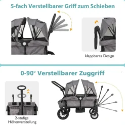 2 in 1 Klappbare Geschwisterwagen mit Verstellbarem Griff & Abnehmbarem Verdeck Grau