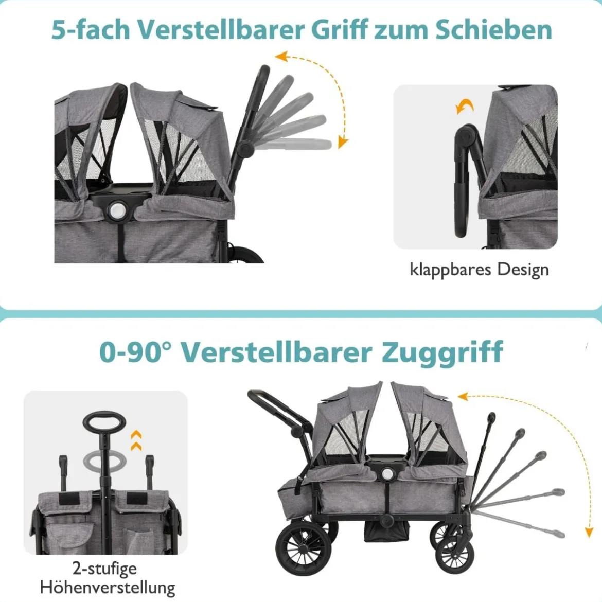 2 in 1 Klappbare Geschwisterwagen mit Verstellbarem Griff & Abnehmbarem Verdeck Grau