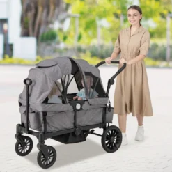 2 in 1 Klappbare Geschwisterwagen mit Verstellbarem Griff & Abnehmbarem Verdeck Grau